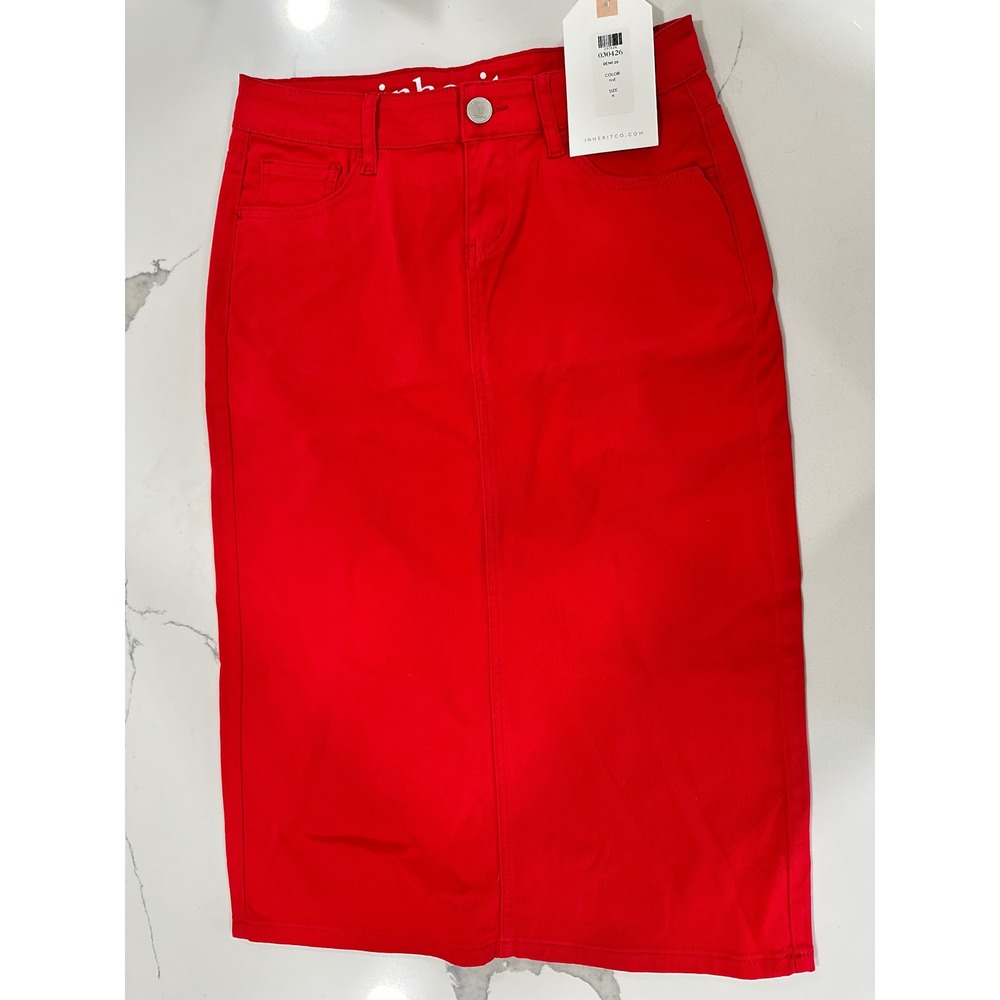 Inherit Clothing Co Remi Red Denim Midi Skirt Modest Straight Size 8 29 Inch